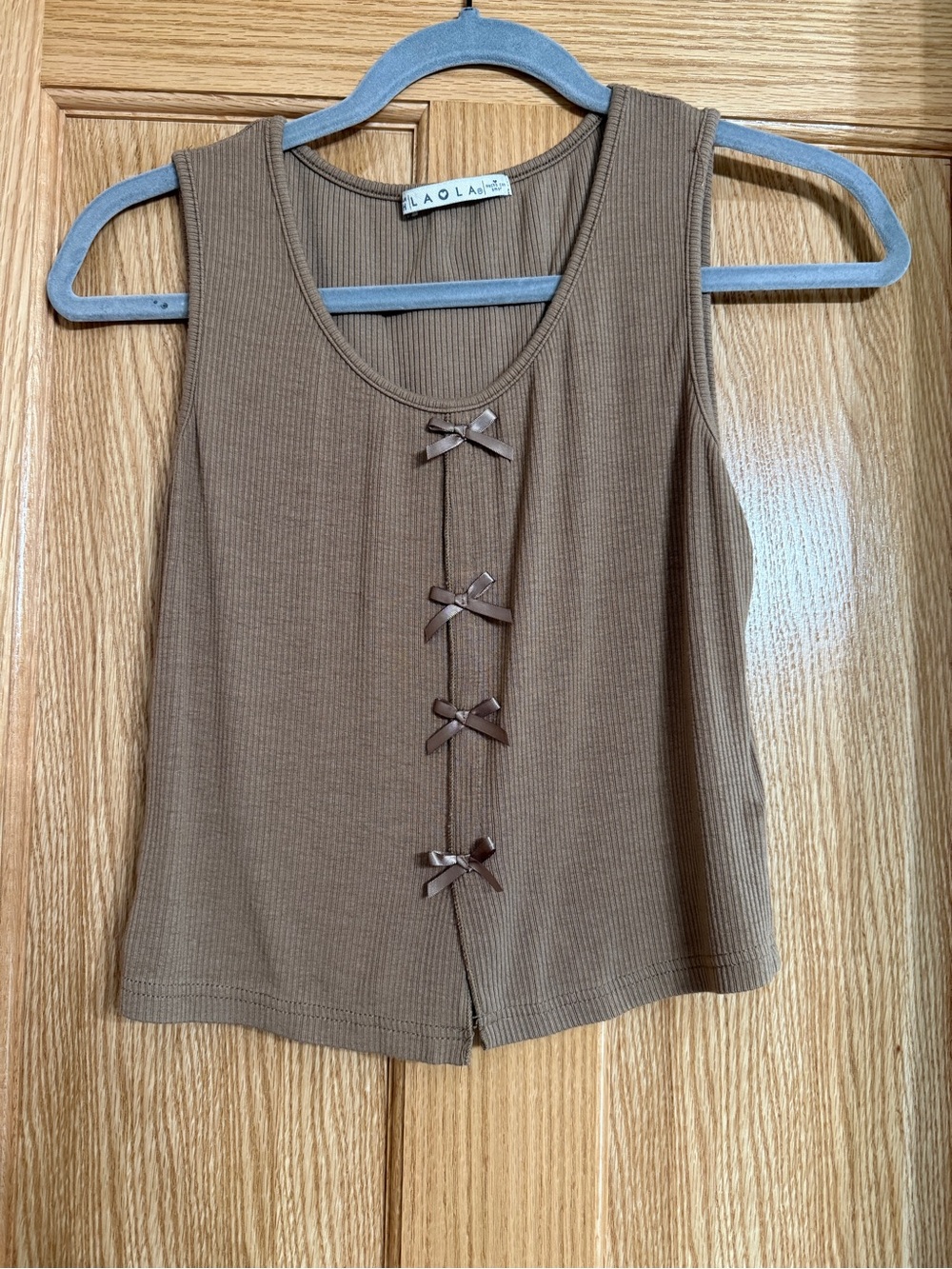 lola Ribbed Brown Tank Top with Front Bow Accents